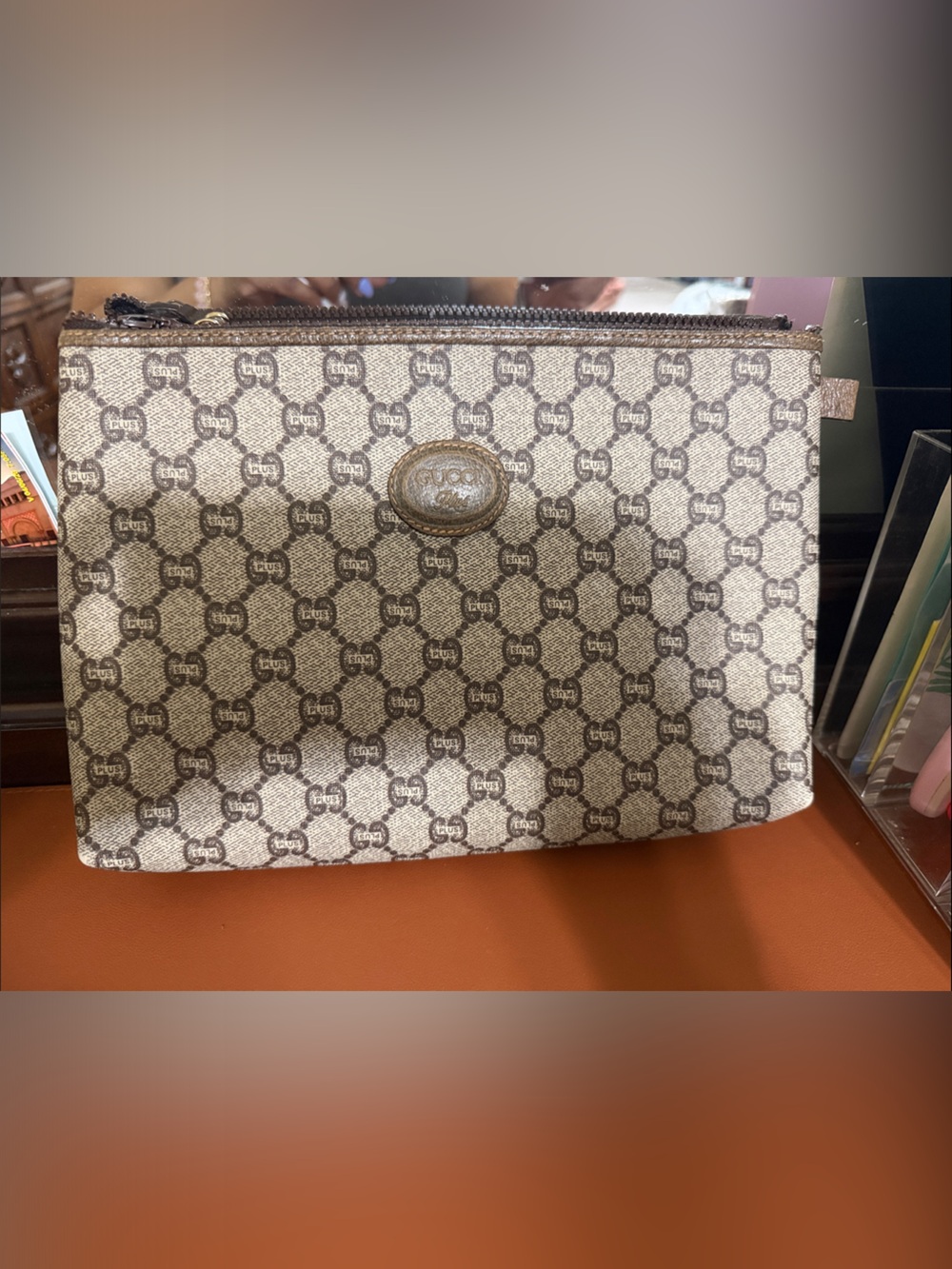 Gucci Beige and Brown Monogram Wristlet Clutch (no wrist band) final sale